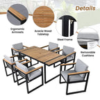 Ensemble de salle à manger et chaises d'extérieur 7 pièces en bois d'acacia, table à manger en bois avec trou pour parasol, chaises avec coussins amovibles