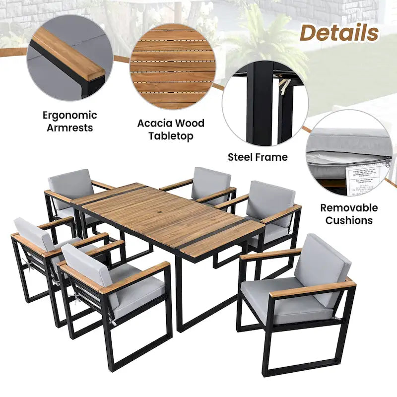 Ensemble de salle à manger et chaises d'extérieur 7 pièces en bois d'acacia, table à manger en bois avec trou pour parasol, chaises avec coussins amovibles