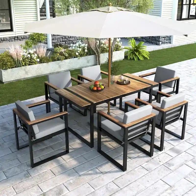 Ensemble de salle à manger et chaises d'extérieur 7 pièces en bois d'acacia, table à manger en bois avec trou pour parasol, chaises avec coussins amovibles