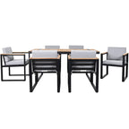 Ensemble de salle à manger et chaises d'extérieur 7 pièces en bois d'acacia, table à manger en bois avec trou pour parasol, chaises avec coussins amovibles