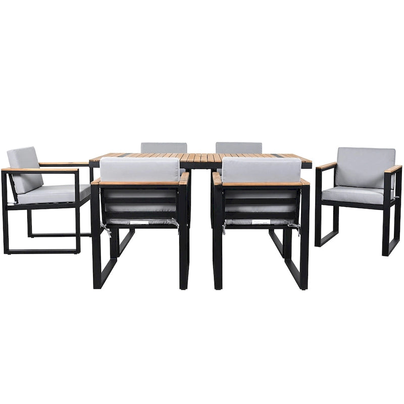 Ensemble de salle à manger et chaises d'extérieur 7 pièces en bois d'acacia, table à manger en bois avec trou pour parasol, chaises avec coussins amovibles