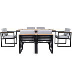 Ensemble de salle à manger et chaises d'extérieur 7 pièces en bois d'acacia, table à manger en bois avec trou pour parasol, chaises avec coussins amovibles