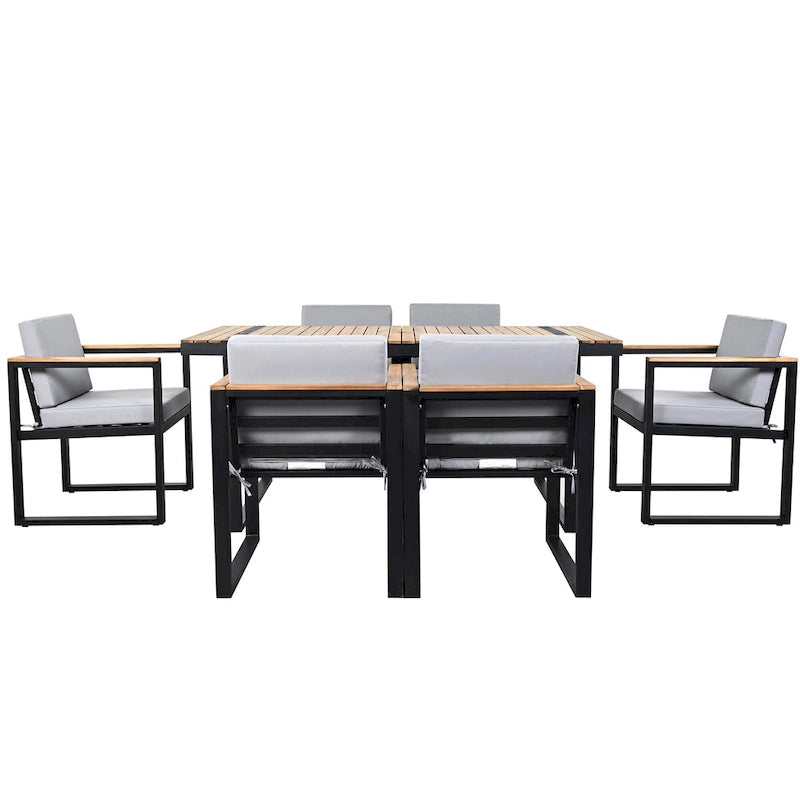 Ensemble de salle à manger et chaises d'extérieur 7 pièces en bois d'acacia, table à manger en bois avec trou pour parasol, chaises avec coussins amovibles