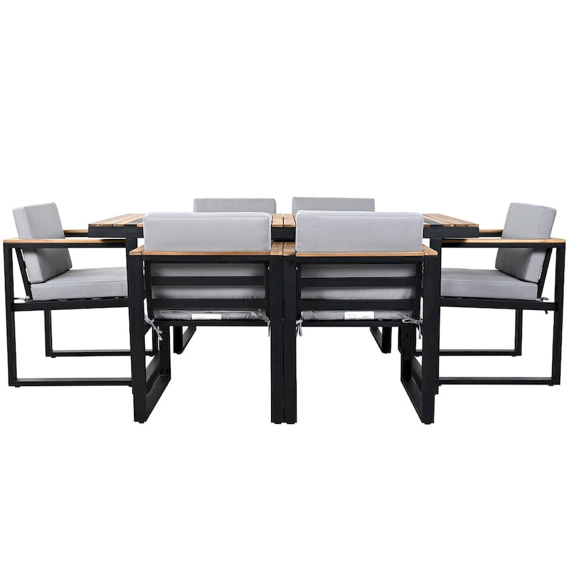 Ensemble de salle à manger et chaises d'extérieur 7 pièces en bois d'acacia, table à manger en bois avec trou pour parasol, chaises avec coussins amovibles