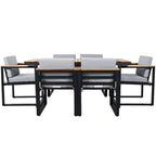 Ensemble de salle à manger et chaises d'extérieur 7 pièces en bois d'acacia, table à manger en bois avec trou pour parasol, chaises avec coussins amovibles