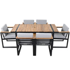Ensemble de salle à manger et chaises d'extérieur 7 pièces en bois d'acacia, table à manger en bois avec trou pour parasol, chaises avec coussins amovibles