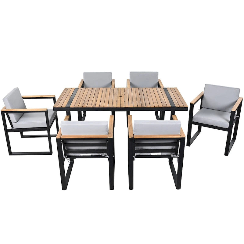 Ensemble de salle à manger et chaises d'extérieur 7 pièces en bois d'acacia, table à manger en bois avec trou pour parasol, chaises avec coussins amovibles