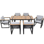 Ensemble de salle à manger et chaises d'extérieur 7 pièces en bois d'acacia, table à manger en bois avec trou pour parasol, chaises avec coussins amovibles