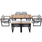 Ensemble de salle à manger et chaises d'extérieur 7 pièces en bois d'acacia, table à manger en bois avec trou pour parasol, chaises avec coussins amovibles