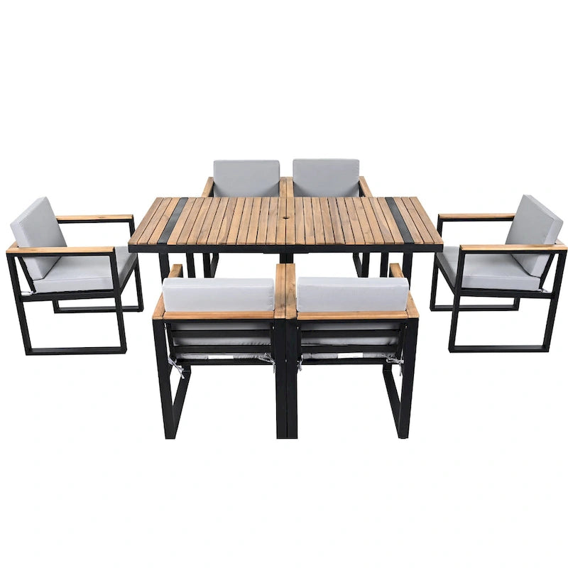 Ensemble de salle à manger et chaises d'extérieur 7 pièces en bois d'acacia, table à manger en bois avec trou pour parasol, chaises avec coussins amovibles