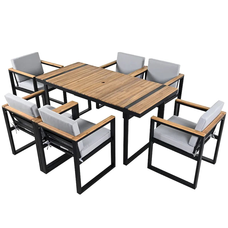 Ensemble de salle à manger et chaises d'extérieur 7 pièces en bois d'acacia, table à manger en bois avec trou pour parasol, chaises avec coussins amovibles