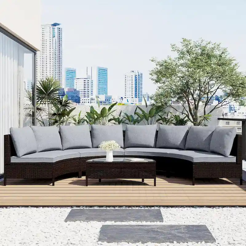 Ensemble de mobilier de jardin 5 pièces, canapé d'angle en rotin PE résistant aux intempéries avec table en verre trempé