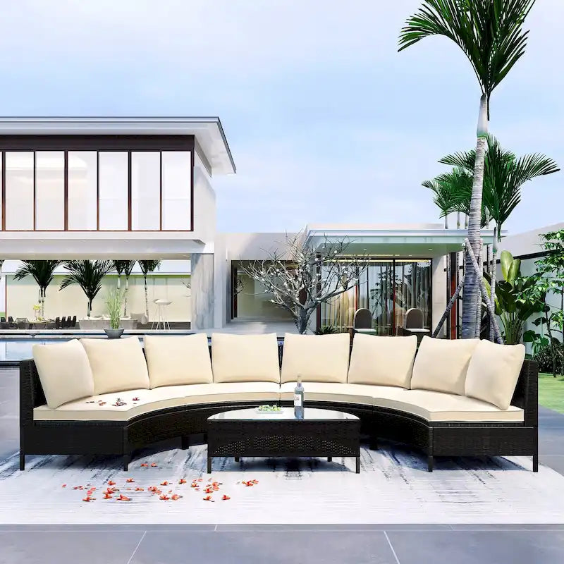 Ensemble de mobilier de jardin 5 pièces, canapé d'angle en rotin PE résistant aux intempéries avec table en verre trempé