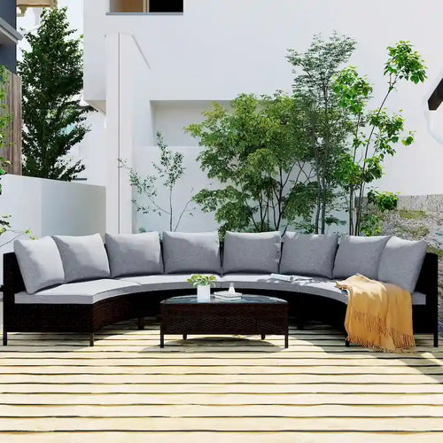 Ensemble de mobilier de jardin 5 pièces, canapé d'angle en rotin PE résistant aux intempéries avec table en verre trempé