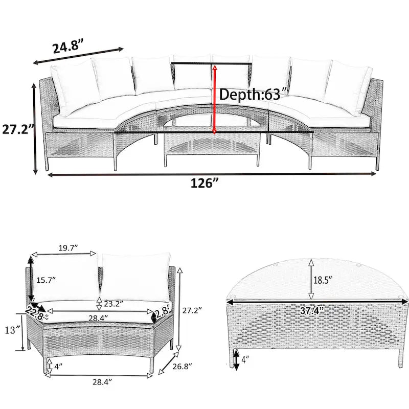 Ensemble de mobilier de jardin 5 pièces, canapé d'angle en rotin PE résistant aux intempéries avec table en verre trempé