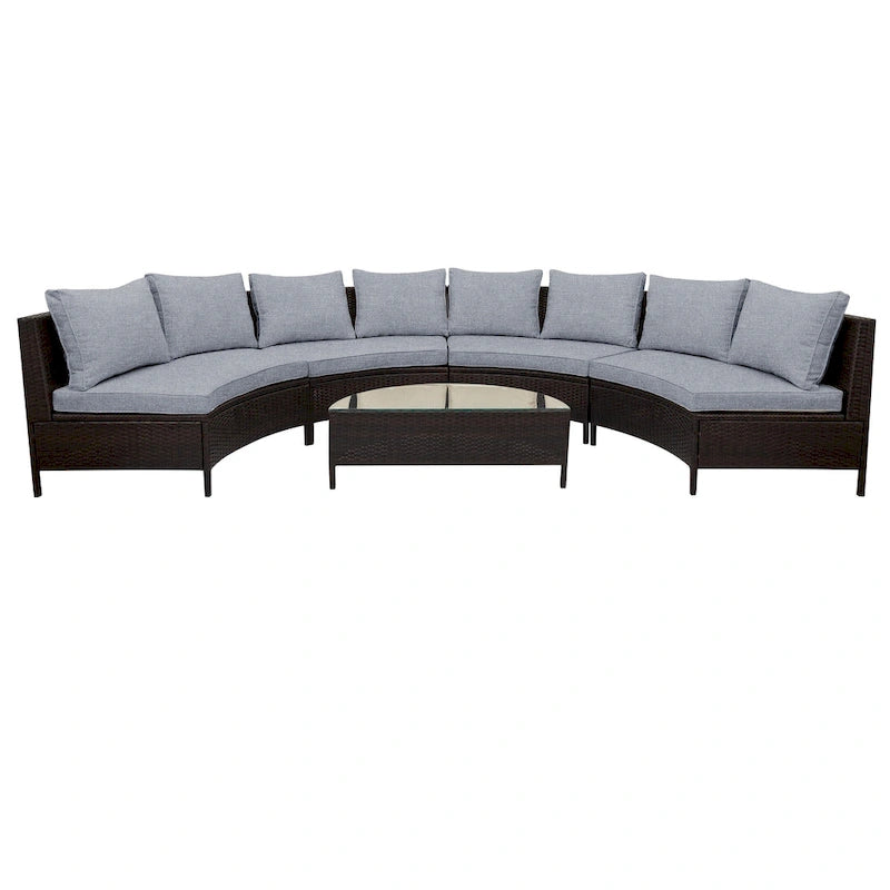 Ensemble de mobilier de jardin 5 pièces, canapé d'angle en rotin PE résistant aux intempéries avec table en verre trempé