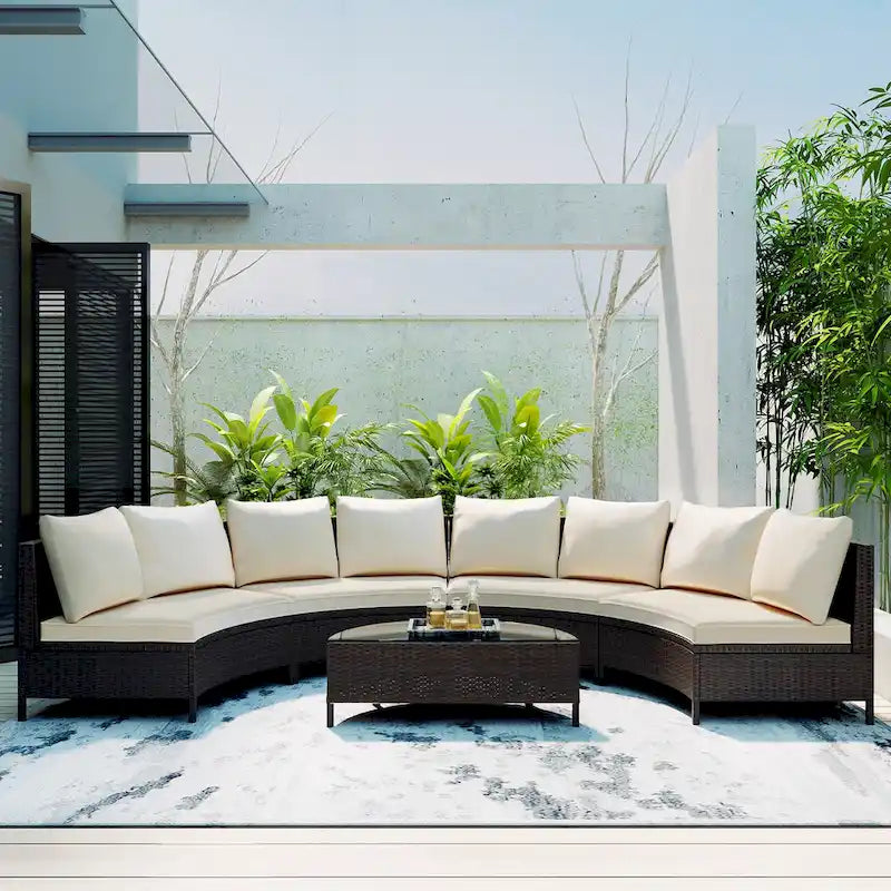 Ensemble de mobilier de jardin 5 pièces, canapé d'angle en rotin PE résistant aux intempéries avec table en verre trempé