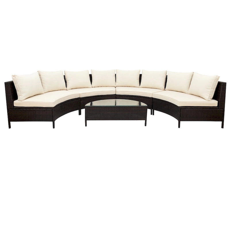 Ensemble de mobilier de jardin 5 pièces, canapé d'angle en rotin PE résistant aux intempéries avec table en verre trempé