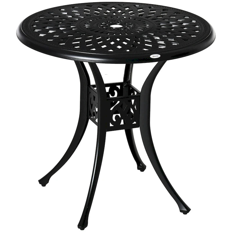 Table de jardin ronde de 76 cm avec trou pour parasol, style bistro d'extérieur en fonte d'aluminium antique, noire.