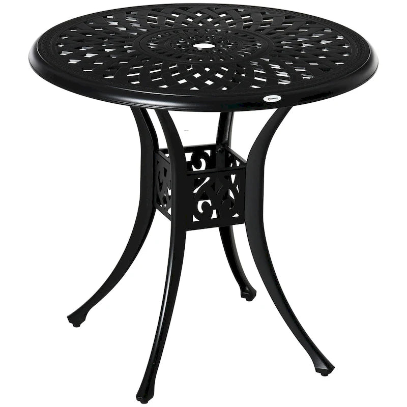 30  Round Patio Dining Table with Umbrella Hole, Antique Cast Aluminum Outdoor Bistro Table Only, Black