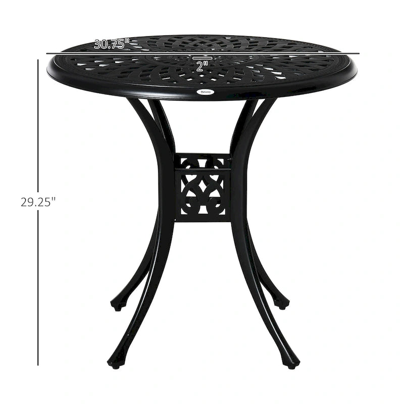 Table de jardin ronde de 76 cm avec trou pour parasol, style bistro d'extérieur en fonte d'aluminium antique, noire.