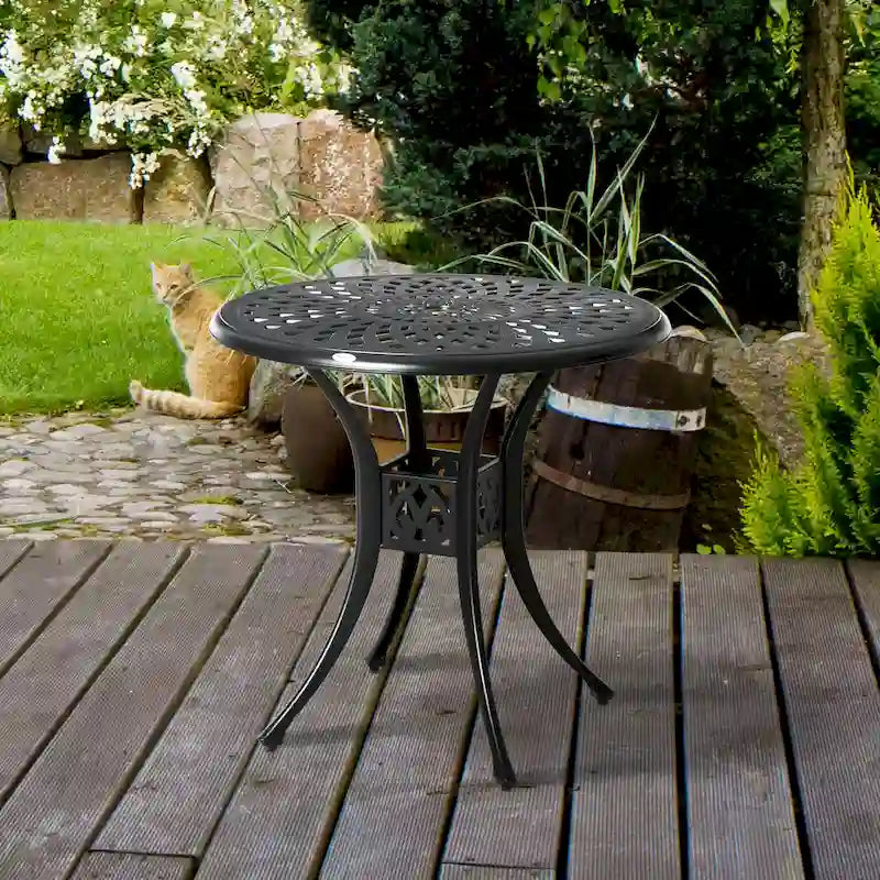 Table de jardin ronde de 76 cm avec trou pour parasol, style bistro d'extérieur en fonte d'aluminium antique, noire.