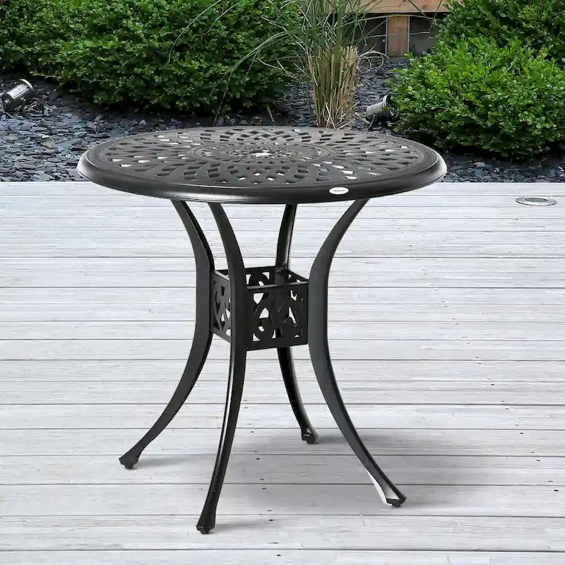 Table de jardin ronde de 76 cm avec trou pour parasol, style bistro d'extérieur en fonte d'aluminium antique, noire.