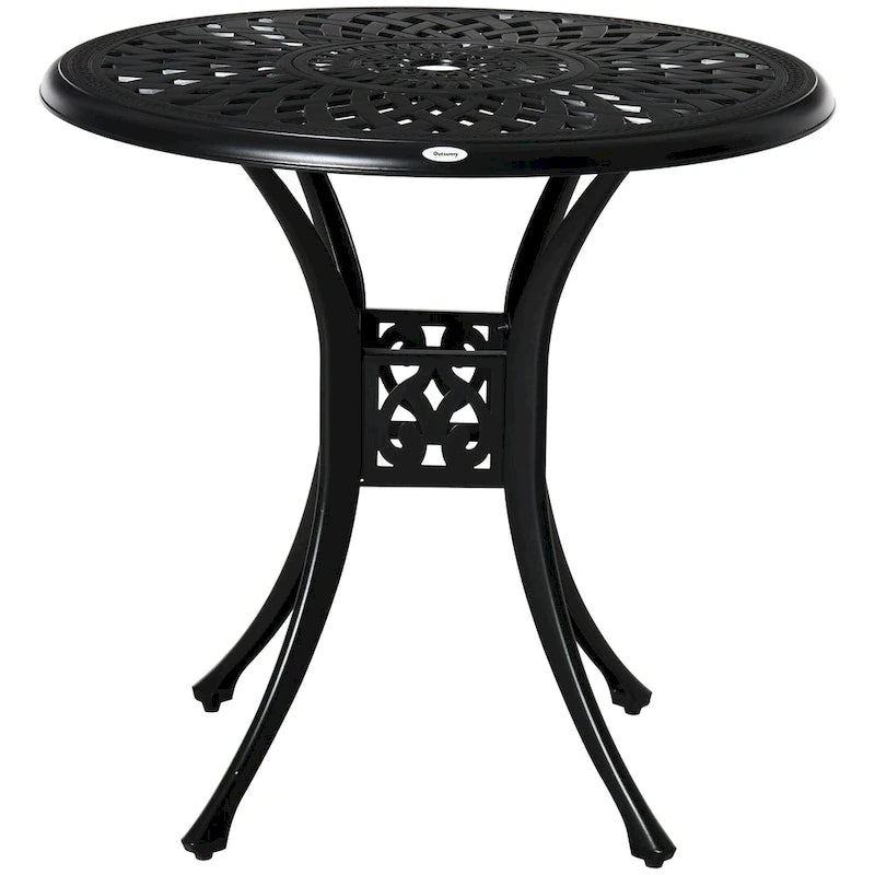 Table de jardin ronde de 76 cm avec trou pour parasol, style bistro d'extérieur en fonte d'aluminium antique, noire.