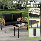 Ensemble de mobilier de patio en rotin tressé 4 pièces avec table basse en verre pour balcon