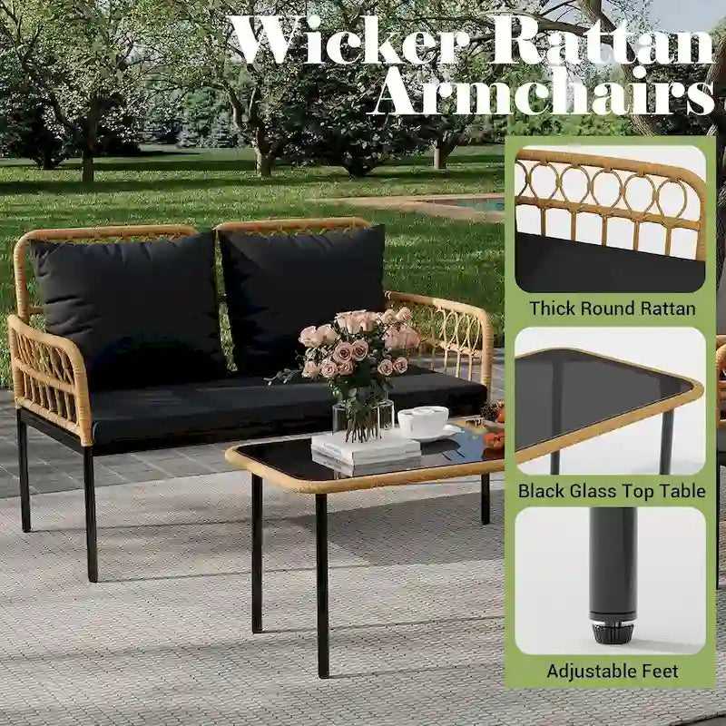 Ensemble de mobilier de patio en rotin tressé 4 pièces avec table basse en verre pour balcon