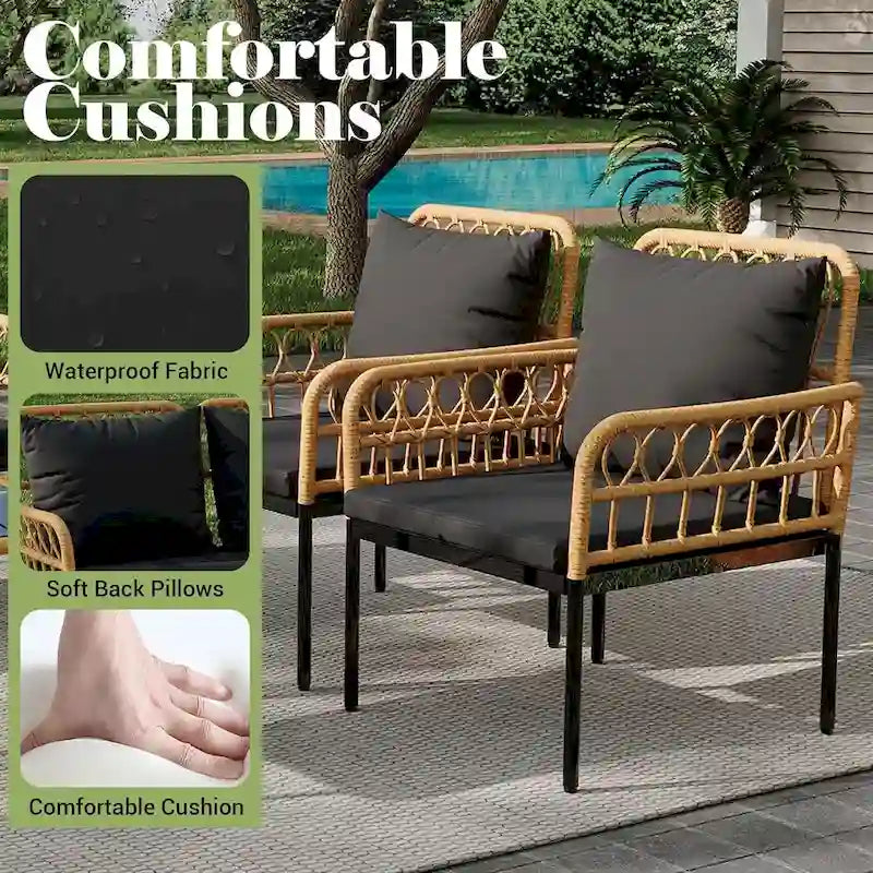 Ensemble de mobilier de patio en rotin tressé 4 pièces avec table basse en verre pour balcon