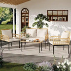 Ensemble de mobilier de patio en rotin tressé 4 pièces avec table basse en verre pour balcon