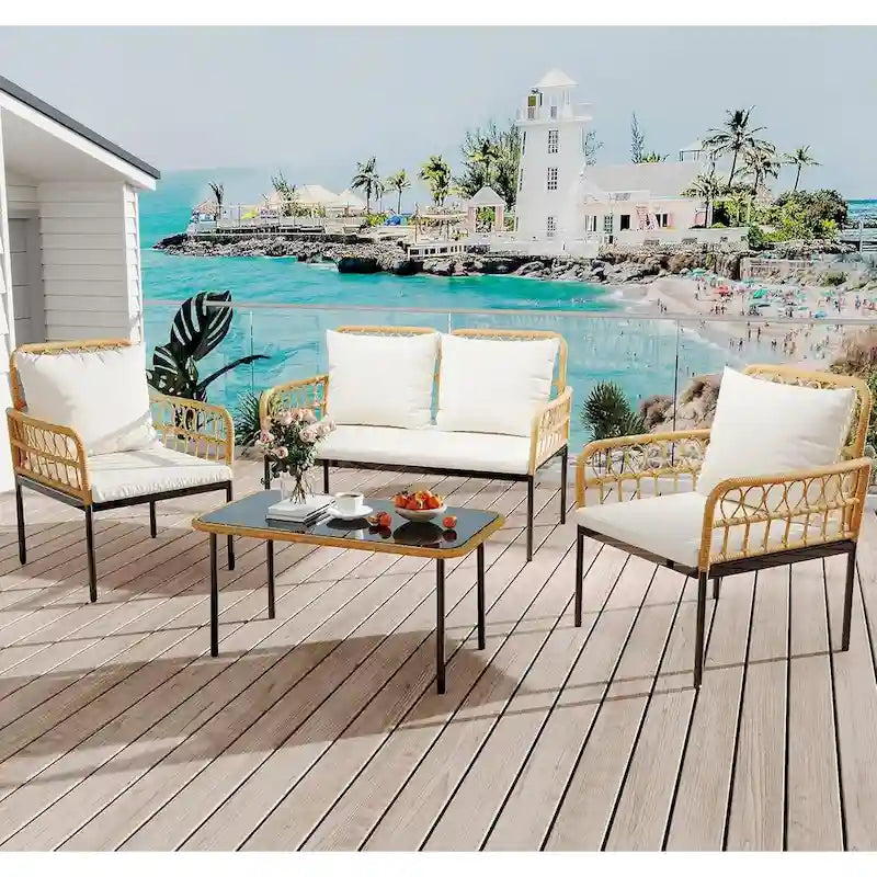 Ensemble de mobilier de patio en rotin tressé 4 pièces avec table basse en verre pour balcon