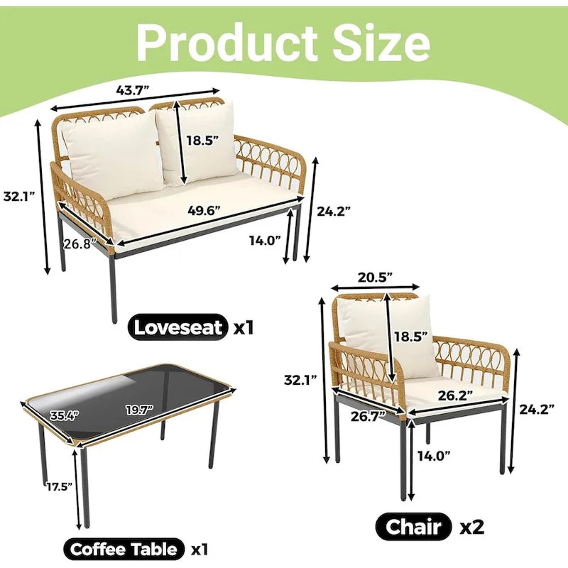 Ensemble de mobilier de patio en rotin tressé 4 pièces avec table basse en verre pour balcon