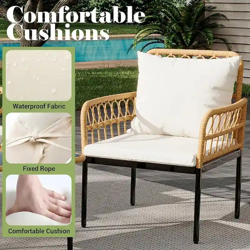 Ensemble de mobilier de patio en rotin tressé 4 pièces avec table basse en verre pour balcon