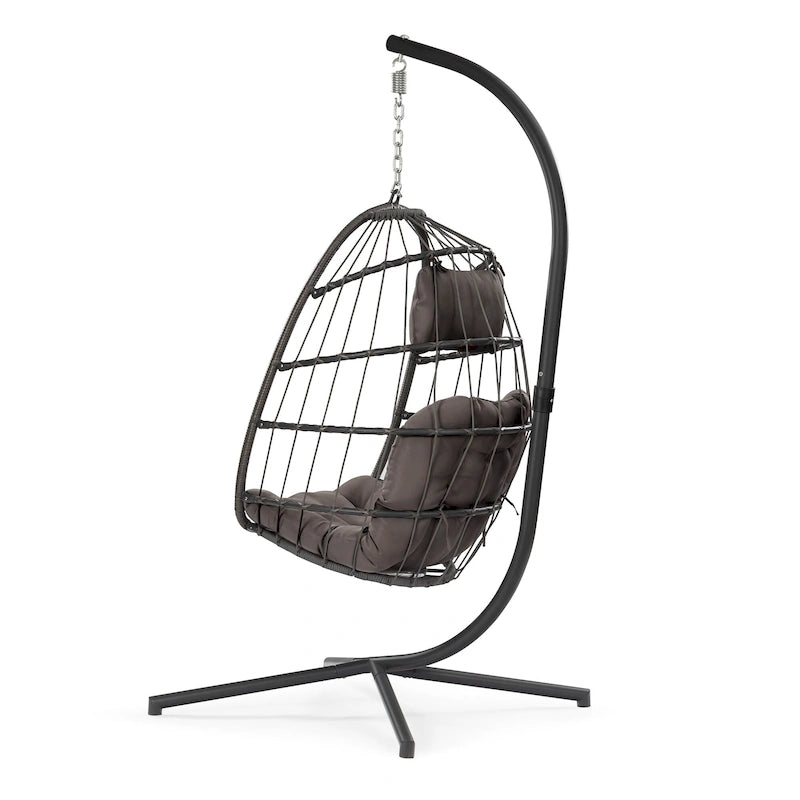 Fauteuil suspendu d'extérieur en osier, balancelle, fauteuil œuf de patio, coussin gris foncé résistant aux UV, structure en aluminium
