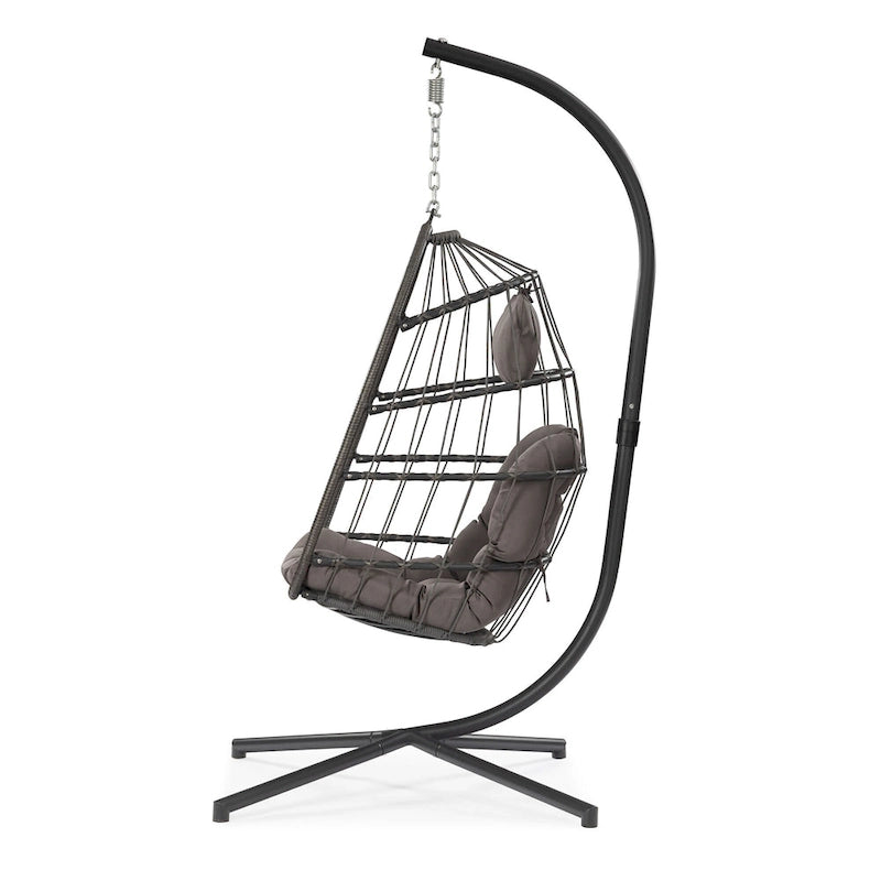 Fauteuil suspendu d'extérieur en osier, balancelle, fauteuil œuf de patio, coussin gris foncé résistant aux UV, structure en aluminium