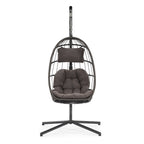 Fauteuil suspendu d'extérieur en osier, balancelle, fauteuil œuf de patio, coussin gris foncé résistant aux UV, structure en aluminium