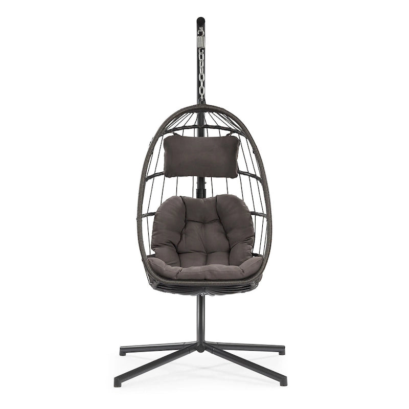 Fauteuil suspendu d'extérieur en osier, balancelle, fauteuil œuf de patio, coussin gris foncé résistant aux UV, structure en aluminium