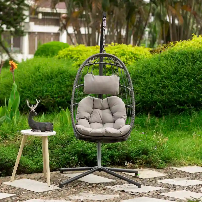 Fauteuil suspendu d'extérieur en osier, balancelle, fauteuil œuf de patio, coussin gris foncé résistant aux UV, structure en aluminium