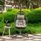 Fauteuil suspendu d'extérieur en osier, balancelle, fauteuil œuf de patio, coussin gris foncé résistant aux UV, structure en aluminium