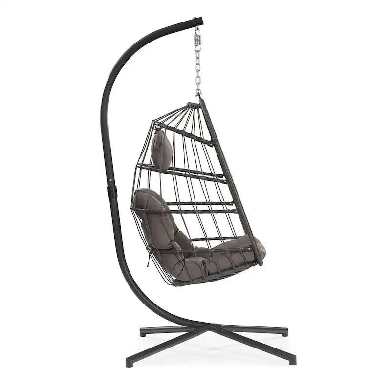 Fauteuil suspendu d'extérieur en osier, balancelle, fauteuil œuf de patio, coussin gris foncé résistant aux UV, structure en aluminium