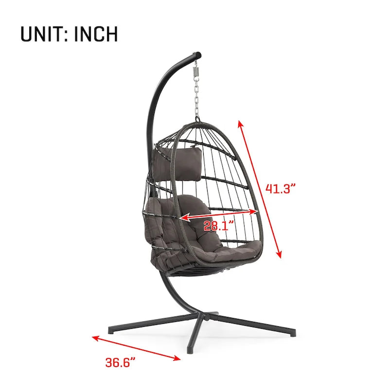 Fauteuil suspendu d'extérieur en osier, balancelle, fauteuil œuf de patio, coussin gris foncé résistant aux UV, structure en aluminium