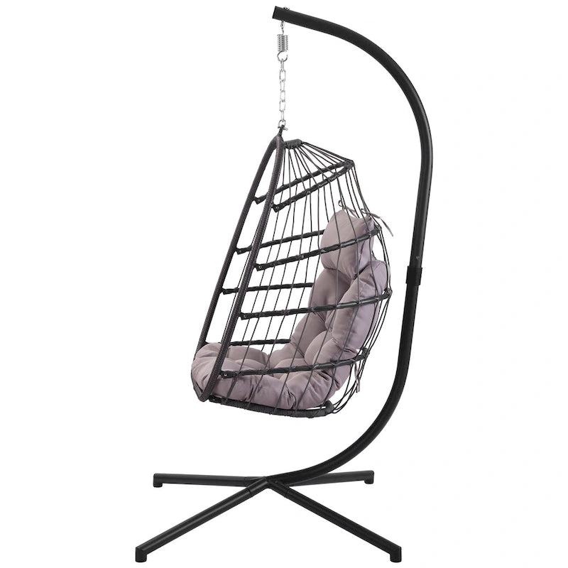 Fauteuil suspendu d'extérieur en osier, balancelle, fauteuil œuf de patio, coussin gris foncé résistant aux UV, structure en aluminium