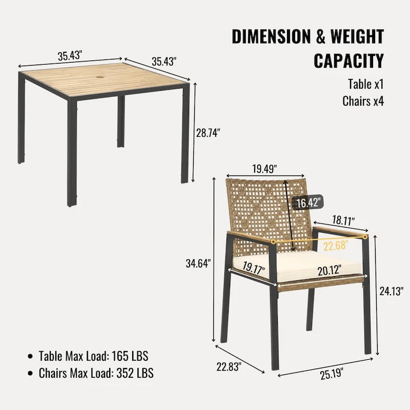 Ensemble de salle à manger d'extérieur 5 pièces résistant aux intempéries avec trou pour parasol et plateau de table en bois d'acacia