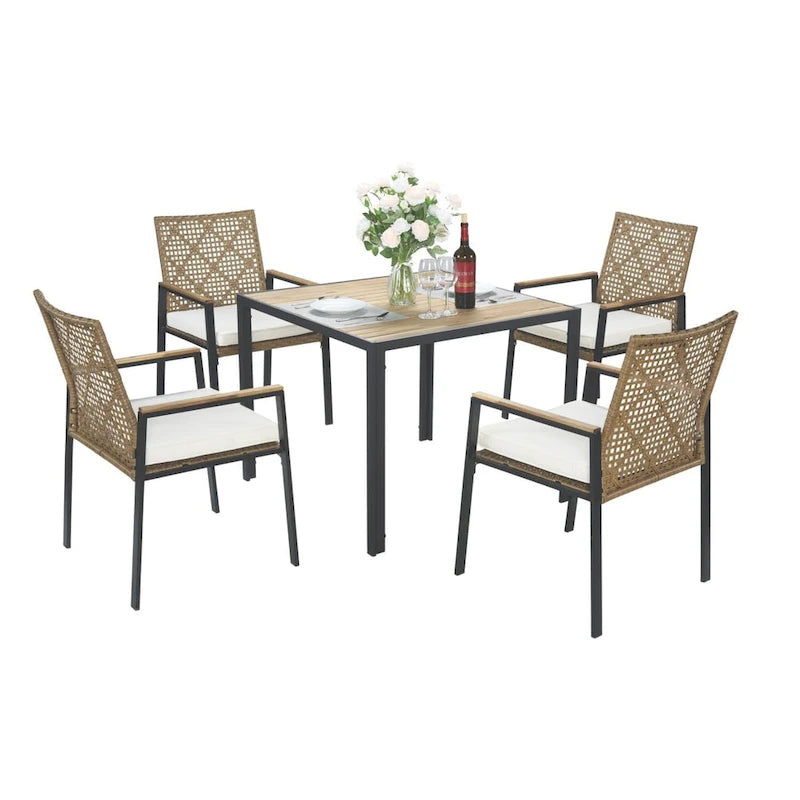 Ensemble de salle à manger d'extérieur 5 pièces résistant aux intempéries avec trou pour parasol et plateau de table en bois d'acacia