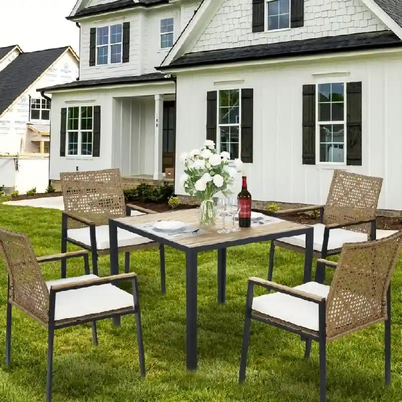 Ensemble de salle à manger d'extérieur 5 pièces résistant aux intempéries avec trou pour parasol et plateau de table en bois d'acacia