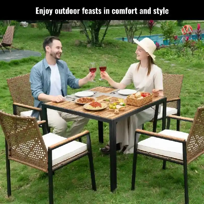 Ensemble de salle à manger d'extérieur 5 pièces résistant aux intempéries avec trou pour parasol et plateau de table en bois d'acacia