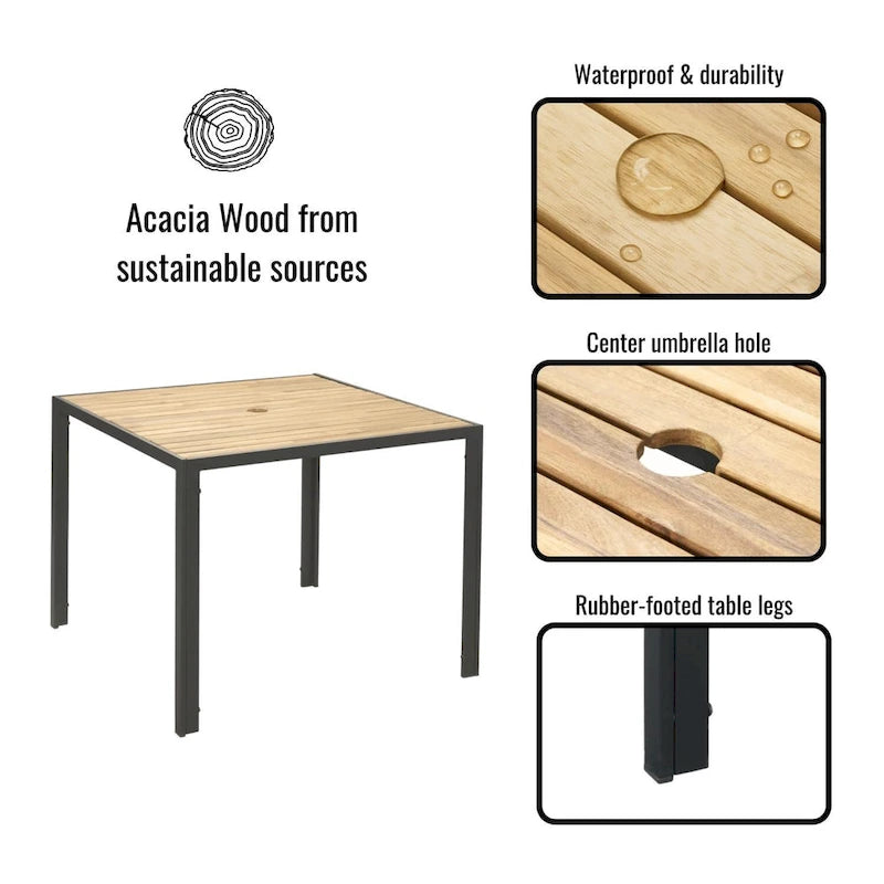 Ensemble de salle à manger d'extérieur 5 pièces résistant aux intempéries avec trou pour parasol et plateau de table en bois d'acacia
