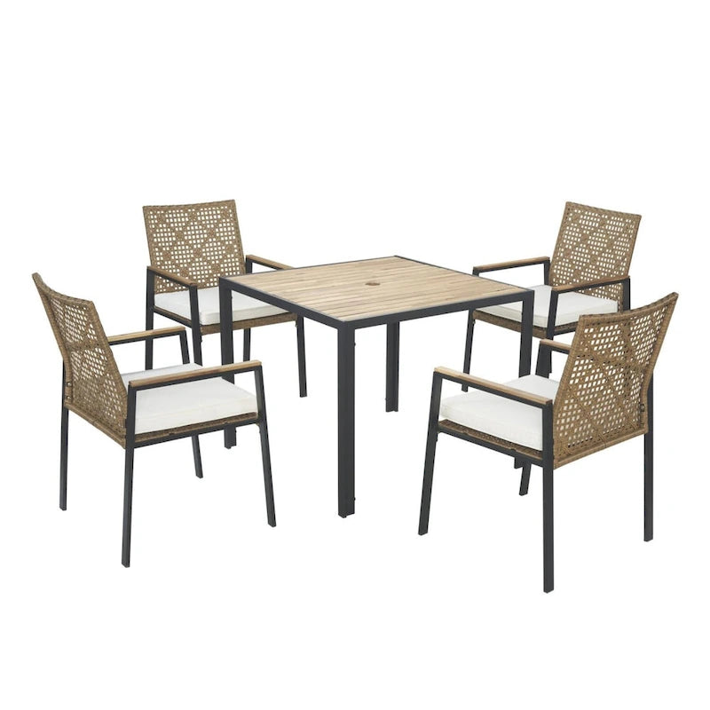 Ensemble de salle à manger d'extérieur 5 pièces résistant aux intempéries avec trou pour parasol et plateau de table en bois d'acacia